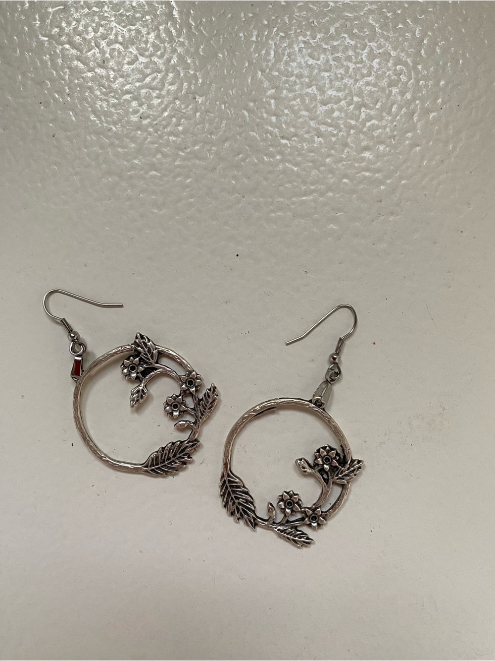 Floral Vine Silver Hoop Drop Earrings